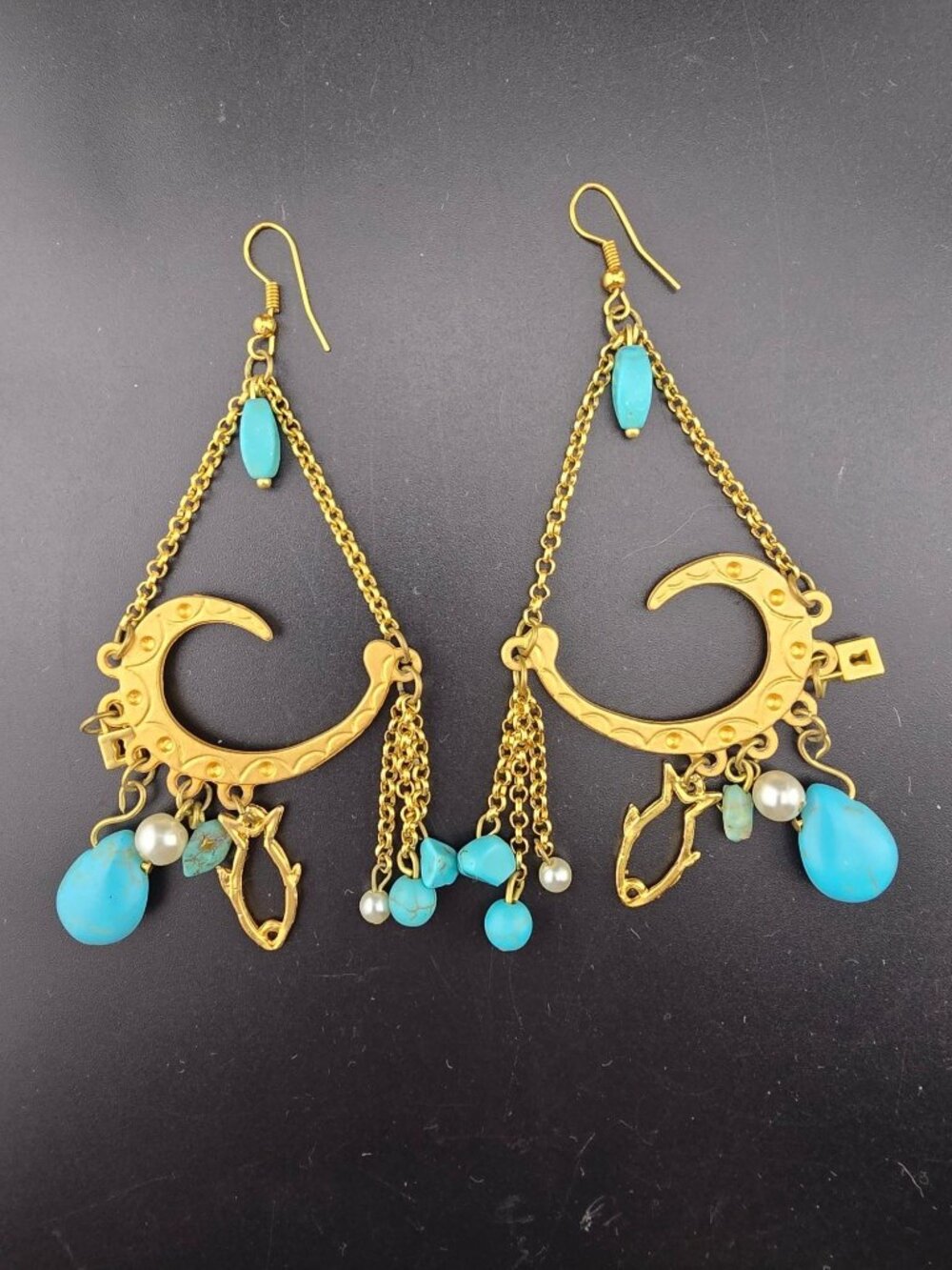 Gold Tone Crescent Moon Dangle Earrings Turquoise & Pearl Boho Chic Statement - Picture 2 of 6